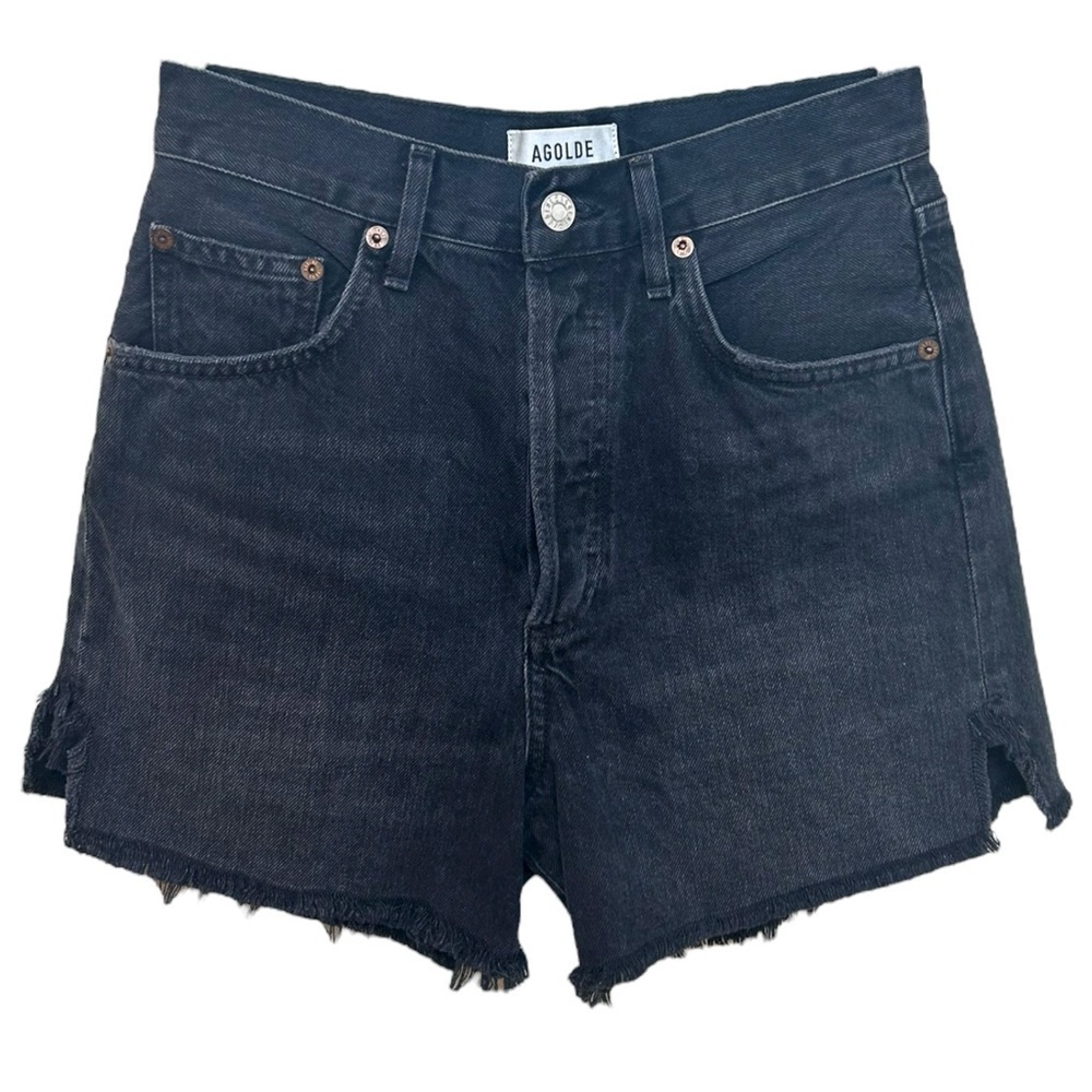 Agolde - Women’s ‘Dee’ High-Rise, Distressed, Frayed Shorts - Black, Size 25 - Picture 2 of 13